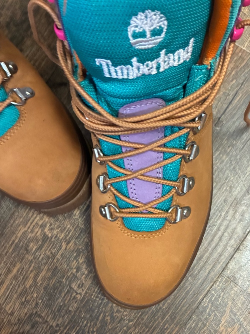 Timberland Women's Euro Hiker Mixed Media Boots Wheat Turquoise Purple Size 7 - Picture 7 of 8